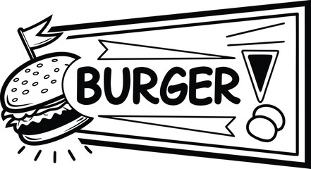Obraz premium Modern burger label design featuring bitten hamburger icon with flag and bold typography for fast food restaurant branding and marketing.