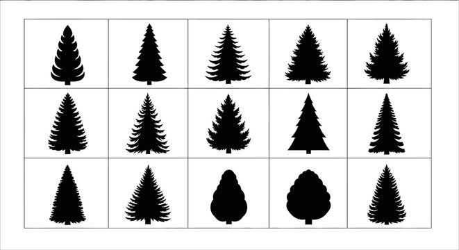 Collection of various pine tree silhouettes in black on white background