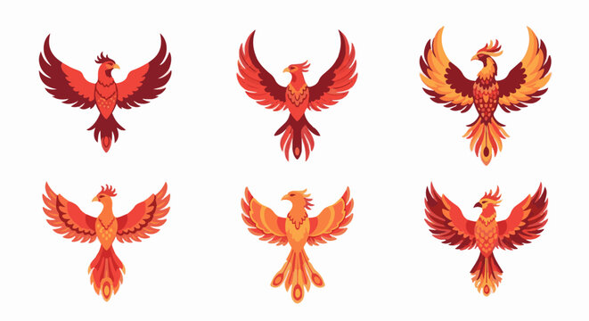 Six stylized pixel art phoenix birds in fiery colors, spread wings