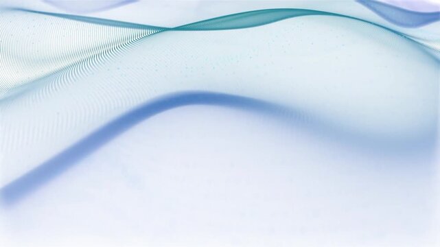 An abstract visualization of dynamic waves formed from thousands of tiny digital particles (dots and lines). With a combination of soft blue, turquoise, and light purple on a clean white background,