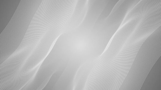 An abstract background featuring a modern wave visualization of a collection of fine white dots. The waves move dynamically and smoothly over a monochromatic gray gradient background.