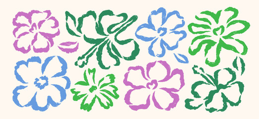 Hand-drawn flowers set. Abstract floral botanical brush stroke drawings. Handdrawn brushstroke hibiscus blooms. Exotic summer blossoms. Naturel design elements. Isolated flat vector illustrations © Good Studio