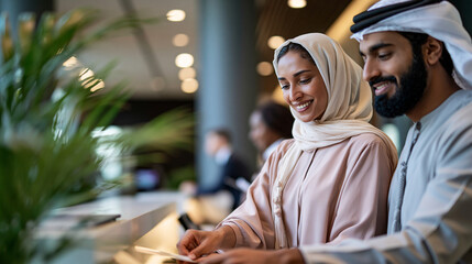 Fototapeta premium A pair of business colleagues in soft mixed traditional attire softly stand at a bright modern reception desk in a calm corporate lobby in soft daylight reception arrival modern