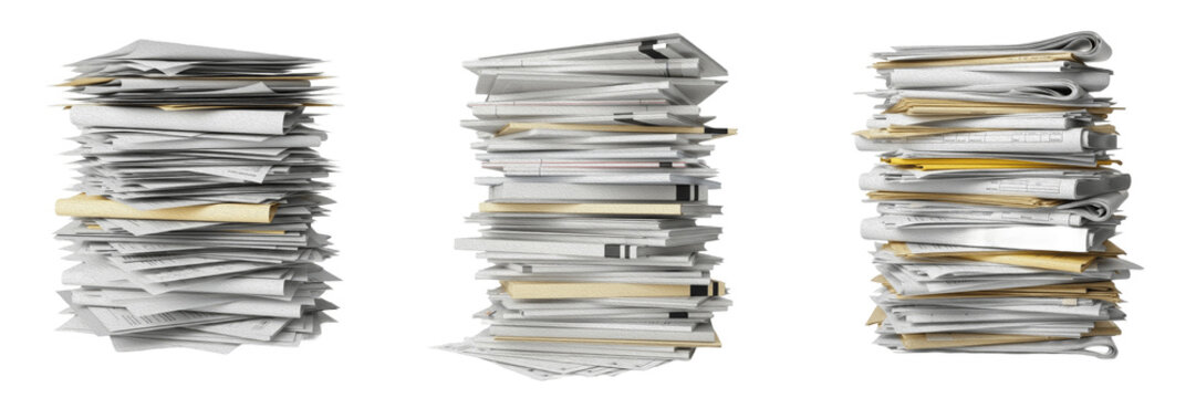 High stacks of documents and papers isolated on a white background, collection of messy office files and business paperwork, organized archive folders, scattered reports for professional ......