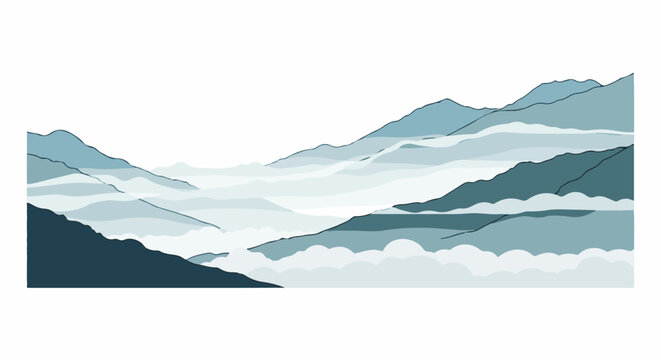 Serene, layered mountains shrouded in mist with a cool, monochromatic palette