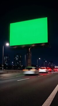 Green Screen Billboard Above Busy Highway at Night with City Skyline and Light Trails From Passing Cars