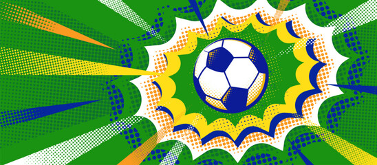 Naklejka premium Modern abstract Brazil football background with dynamic green and yellow brush strokes, soccer ball element, and national color composition