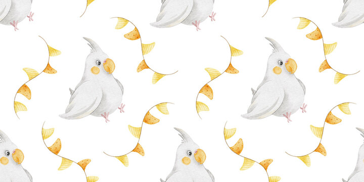 Corella parrot and bunting garland. Kids watercolor seamless surface pattern design. Nursery endless background of cockatiel tropical bird for textile, baby shower, wrapping paper, birthday party