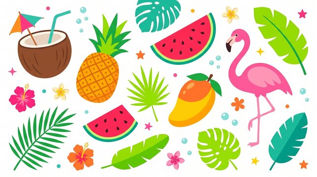 A colorful collection of summer themed vector illustrations featuring a bright pink flamingo, tropical fruits, exotic flowers, and green palm leaves on a white background.