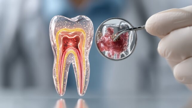 Dentist examining teeth, digital 3d tooth model showing cavity and cleaning process, dental care technology concept 