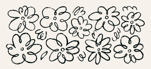 Obraz premium Doodle crayon drawn flowers set. Chamomile, daisy, ink charcoal sketch drawings in scribble handdrawn style. Camomile scribbles, curly line, floral botanical art. Isolated flat vector illustrations