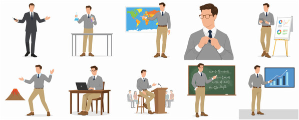 Professional Male Character Illustration Set: Teacher, Scientist, Presenter, and Businessman Poses for Education and Business Concepts © Kiko