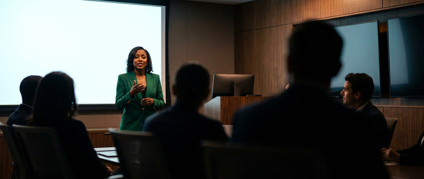 Confident African American female business leader in an emerald green blazer giving a presentation to an audience in a modern conference room. Corporate leadership concept.