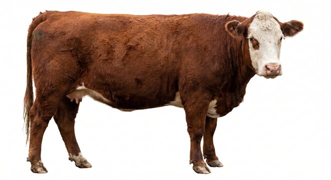 Fotografia de alta resolu&ccedil;&atilde;o de uma vaca da ra&ccedil;a Hereford isolada em fundo branco, conceito de pecu&aacute;ria de corte e agroneg&oacute;cio