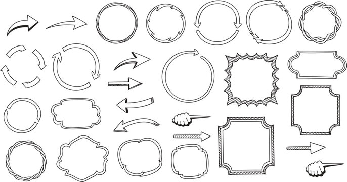 Collection of decorative hand drawn sketch arrows circles and frames on transparent background perfect for digital note taking layouts.
