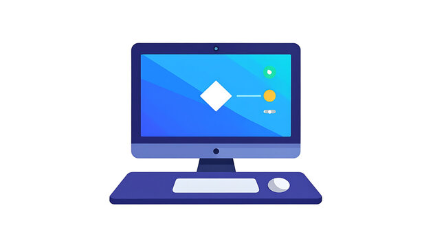 Desktop computer with keyboard and mouse, modern monitor displaying a blue geometric interface, digital technology.
