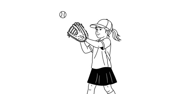 Young softball player catching a ball with glove.