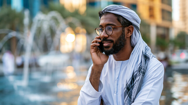 A businessman in a crisp soft kandora and ghatra softly takes a bright phone call while looking calm at a modern plaza fountain in soft golden daylight fountain call modern