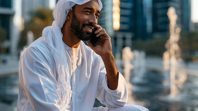 A businessman in a crisp soft kandora and ghatra softly takes a bright phone call while looking calm at a modern plaza fountain in soft golden daylight fountain call modern
