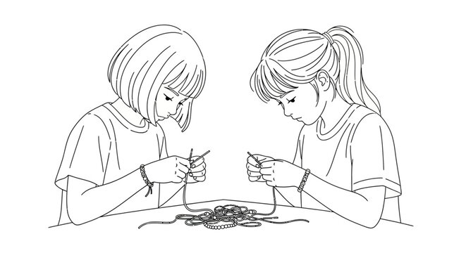 Two young girls carefully threading beads together at table.