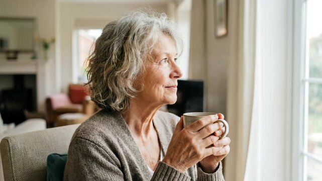 Smiling senior woman with tea by window in positive aging and emotional wellbeing concept