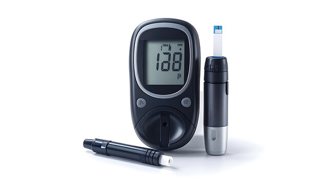 Diabetes monitoring kit including a glucose meter showing a reading of 138, a lancet device, and a test strip, isolated on a white background, representing health management and medical technology