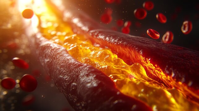 Detailed interior of human artery with intense flow red blood cells and thick cholesterol plaque narrowing vessel lumen high contrast medical visualization cardiovascular disease impaired circulation
