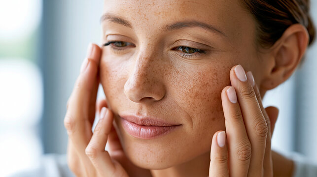 Close-up of a woman's hands examining skin on her face for sun damage or pigmentation, sun damage concept, face skin examination photography, hyperpigmentation visualization,