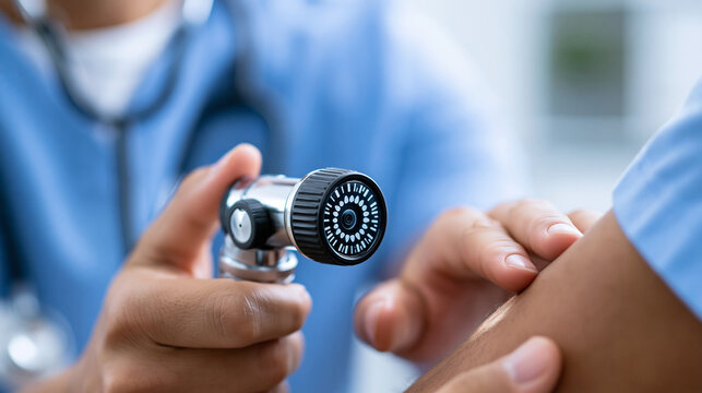 Close-up of a male doctor examining a patient's skin with a dermatoscope in a medical clinic wearing blue scrubs, professional skin screening concept, male doctor dermatoscope