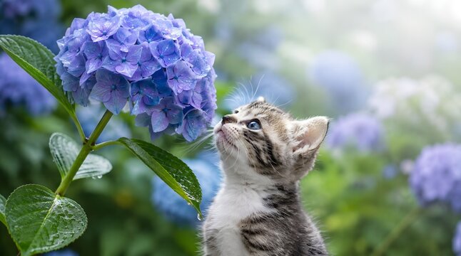 Curious young kitten discovering blue hydrangeas for the first time, macro shot with copy space. Japanese rainy season (Tsuyu) atmosphere