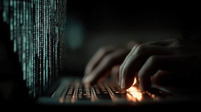 Engineer typing on keyboard, digital binary code raining down and software lock icon, cyber security coding concept 
