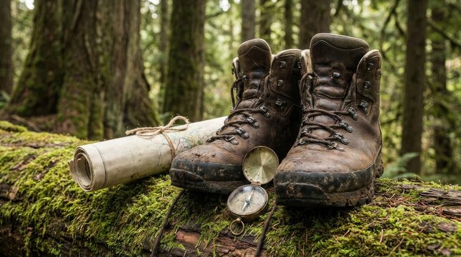 Mountain climber facing tall peak in cold weather concept. Worn hiking boots resting on a mossy log in a lush forest.