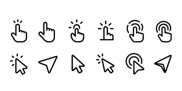 Hand touch screen pointers and click gestures icons set collection.