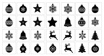 Collection of black christmas icons including ornaments snowflakes stars bells reindeer and trees on white background © Kamola