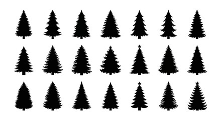 Obraz premium Collection of black christmas tree silhouettes with various shapes and star toppers on white background