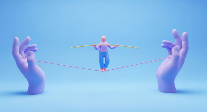 Businessman balancing on tightrope supported by hands, representing business risk, financial challenge, and careful strategy