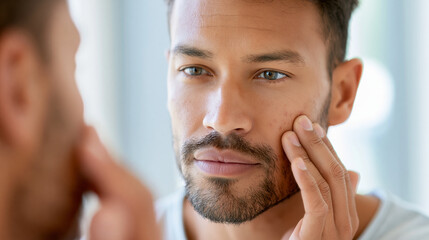 Fototapeta premium Close-up of a man's hands touching his face while examining skin for acne and signs of aging in a mirror, male skincare concept, face acne photography, male skin health