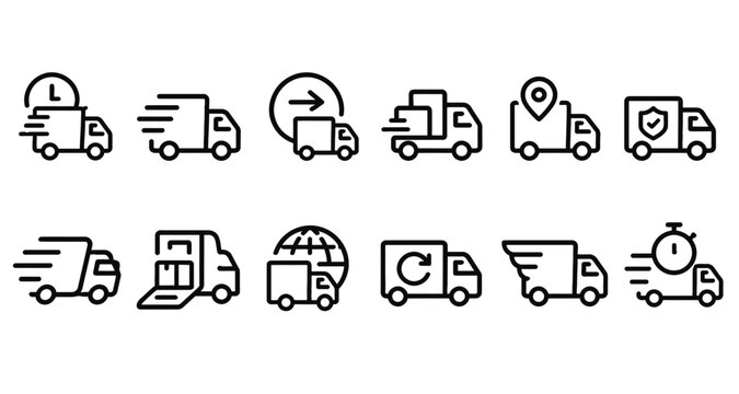 Delivery transport and logistics icon collection with cargo and shipping vehicle symbols.