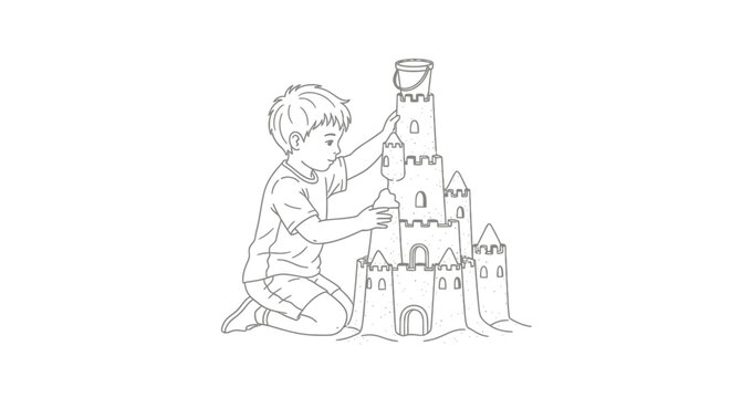Young child building an imaginative sandcastle illustration.