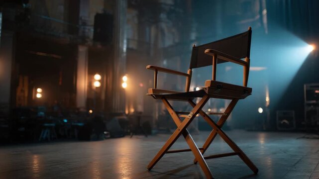 Director chair wooden chair empty chair film set studio spotlight dark stage dramatic light blue light cinematic scene backstage production performance theater interior dark stage empty stage