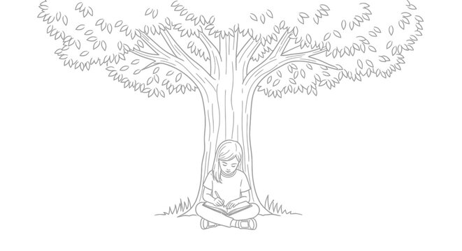 Person meditating peacefully under a large tree sketch.