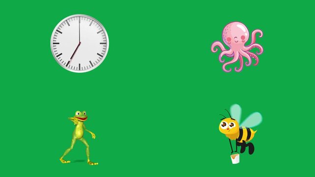 Clock Octopus Frog Bee animation on green screen chroma key background flat lighting no shadow flush edge isolated minimal animated character perfect compositing vfx asset high quality render video