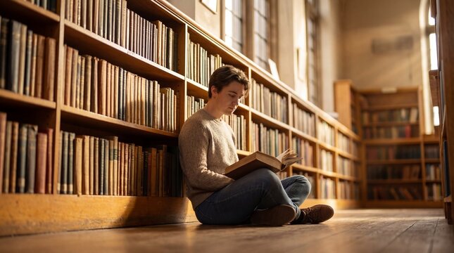 Focused student deeply engrossed in reading a timeless book, surrounded by the rich history and vast knowledge within an old, beautiful library setting