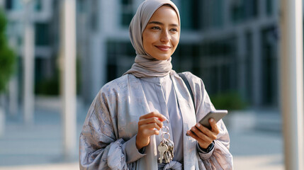 A confident young businesswoman in a soft pastel abaya holds bright keys and a smartphone walking softly through a calm modern plaza in soft daylight key walk modern plaza