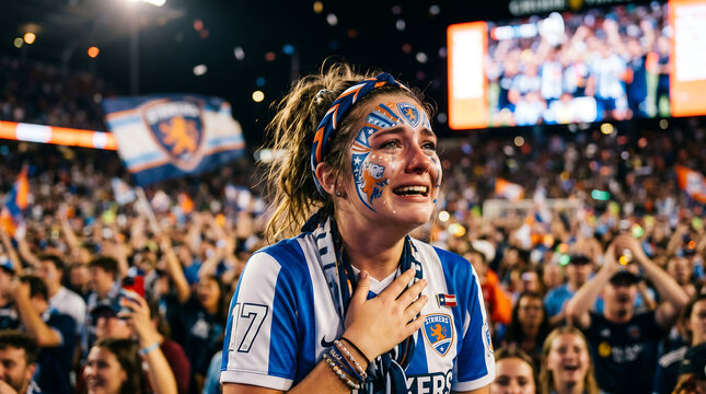 Young woman with face paint cheering at a soccer match in a crowded stadium with fans
