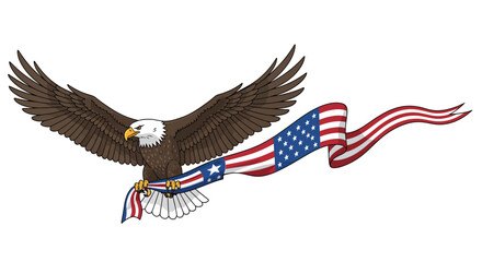 Fototapeta premium Majestic Bald Eagle Soars with the American Flag Emblem, Symbolizing Freedom and Patriotism