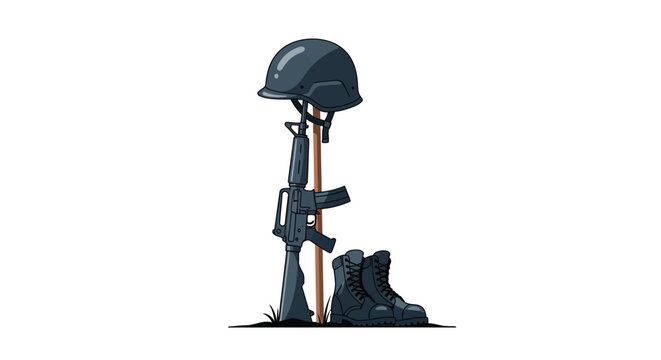 A poignant symbol of military sacrifice and remembrance, featuring a soldier's helmet, rifle, and boots in a solemn memorial tribute to fallen heroes