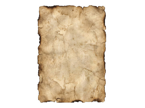 Aged parchment sheet with burnt edges and weathered texture isolated on black background