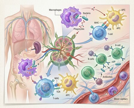 Illustration of the immune system's response to pathogens and the role of lymphocytes, macrophages, and antibodies