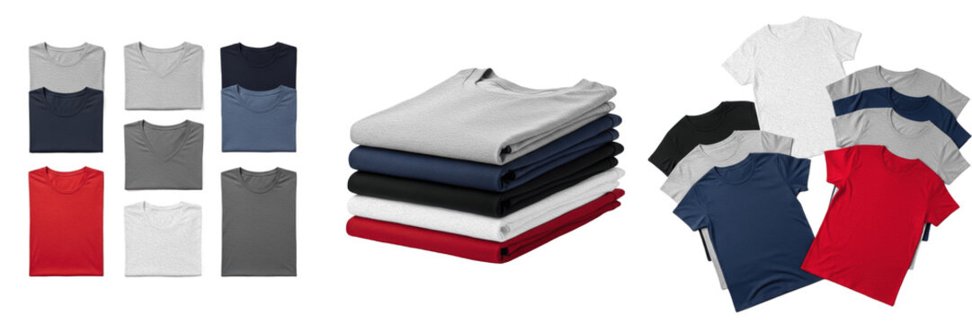 Folded and stacked t-shirts collection isolated on white background, set of colorful plain casual shirts in various arrangements, realistic apparel mockup for fashion retail, blank cotton clothing for